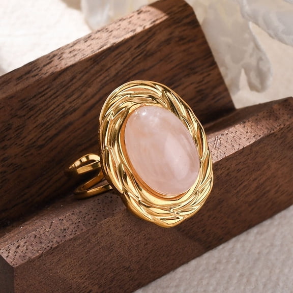 Oval Natural Rose Quartz Finger Rings 304 Stainless Steel Cuff Rings for Women Golden oval: 22x17.5mm Adjustable