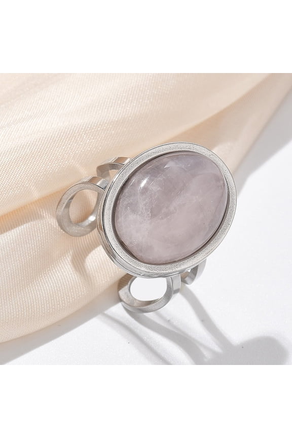 Oval Natural Rose Quartz Finger Rings 304 Stainless Steel Open Cuff Rings for Women Oval: 21.5x16.5mm Inner Diameter: Adjustable
