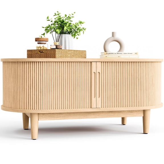 Oval Oak Fluted Tambour Door Coffee Table, Mid Century Modern Wood Storage Center Table, 39 Inch