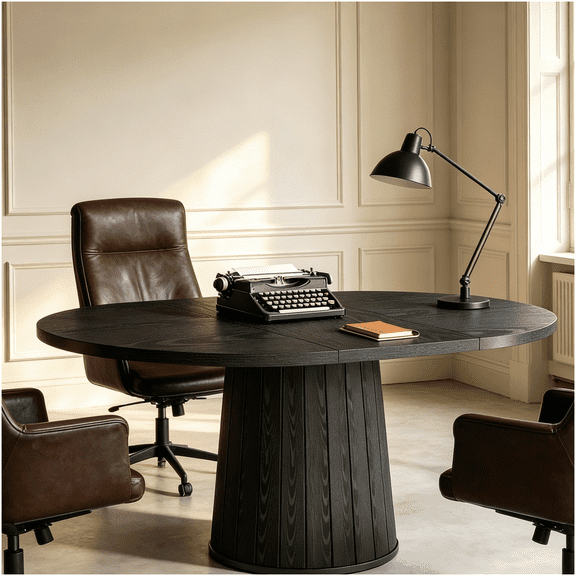 Oval Office Desk for Home Office, Black Computer Table for Study Room, Work from Home Desk with Wooden Base