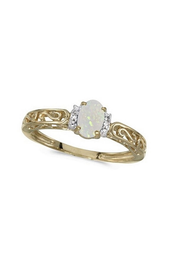 Oval Opal and Diamond Filigree Antique Style Ring 14k Yellow Gold