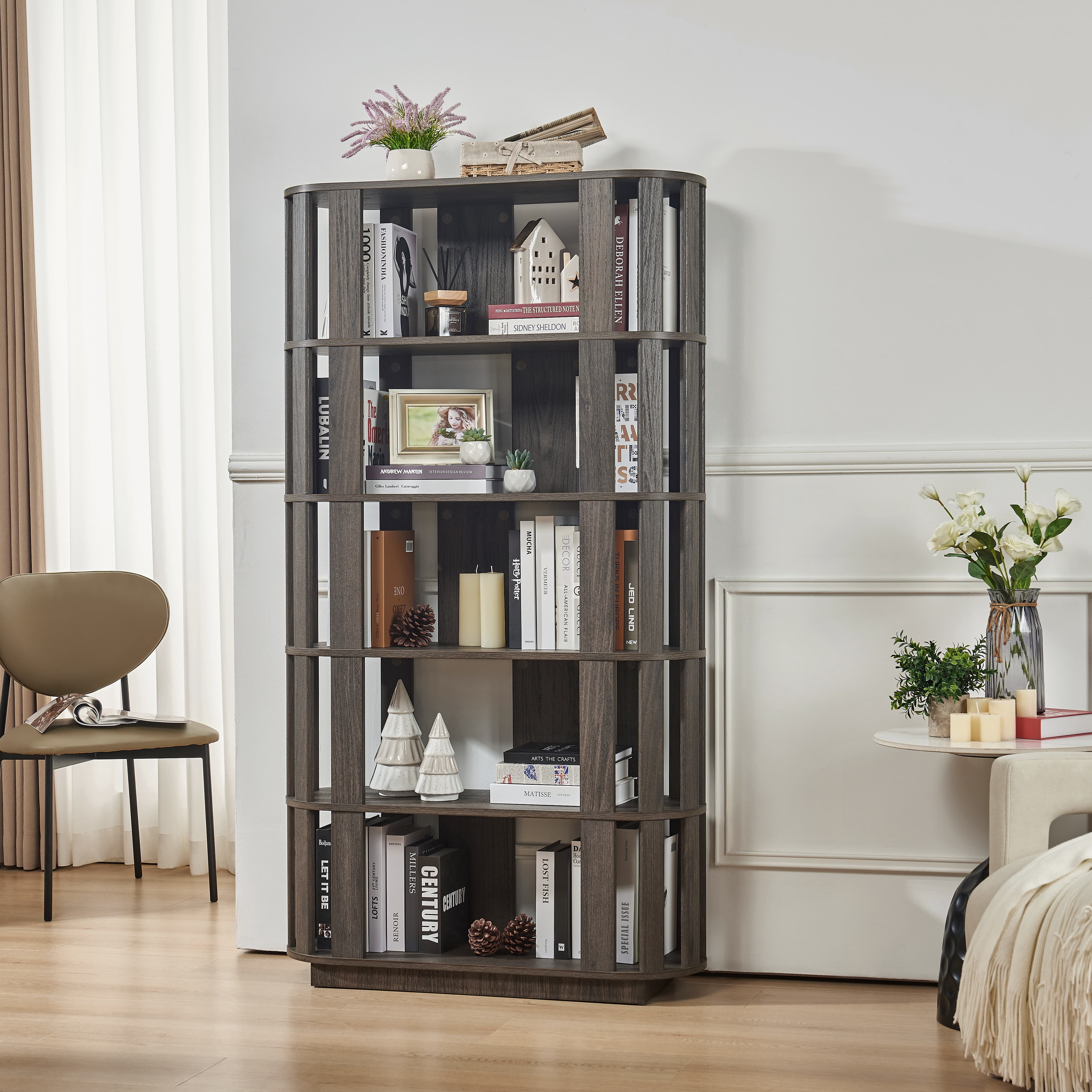 Oval Open Grid Bookshelf, 5-Tier Freestanding MDF Display Storage Bookcase with Anti-Tip Straps, DIY Free Combination Storage Rack Easy to Assemble for Living Room Study Home Office