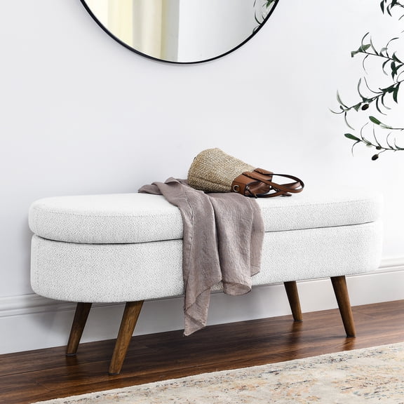 Oval Ottoman Bench for Storage | Used as Seat or Footstool Indoors | Pleated Linen and Strong Rubber Wood Legs | Solves Lack of Storage and Seating