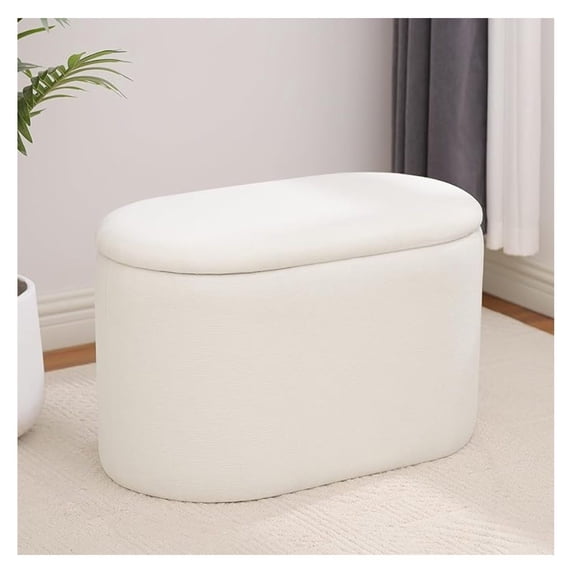 Oval Ottoman with Storage for Living Room, Modern Linen Fabric Foot Stools Ottoman, Upholstered Vanity Stool Foot Rest, Small White Storage for Bedroom, Entryway, Dorm