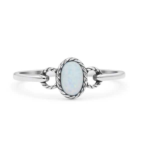 Oval Oxidized Petite Dainty Ring Lab Created White Opal 925 Sterling Silver Size 9