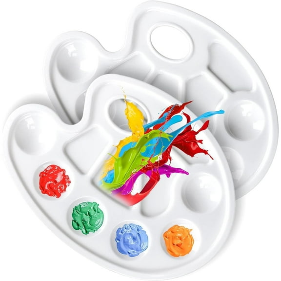 Oval Paint Palette Tray, Plastic Paint Tray Palette, Painting Palette, Paint Tray Palettes Paint Pallets with Thumb Hole for Adults & Kids, for Painting or DIY Craft Class, White, 2 PCS