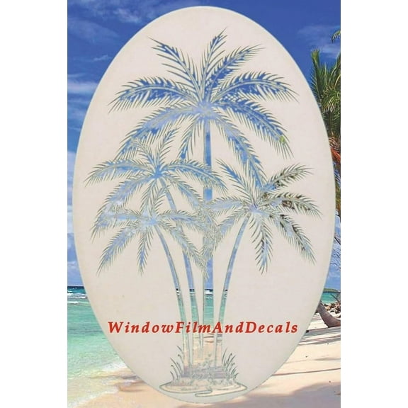 Oval Palm Tree Etched Window Decal Vinyl Glass Cling - 15" x 23" - White with Clear Design Elements
