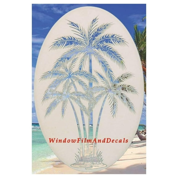 Oval Palm Tree Etched Window Decal Vinyl Glass Cling - White with Clear Design (26" x 41")