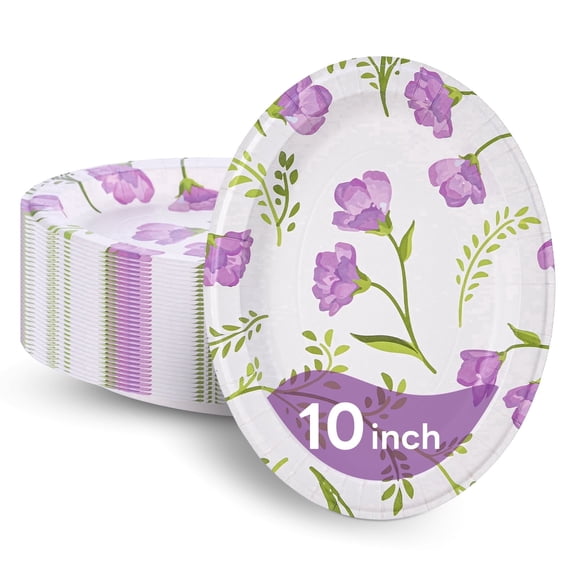 DTFMZOV Oval Paper Plates 10 inch, Everyday Use Purple Floral Plates, Wedding Heavy-Duty Disposable Plates for Daily Use & Party, Soak Proof, Microwave-Safe, Dinner Plates(30 Pcs)