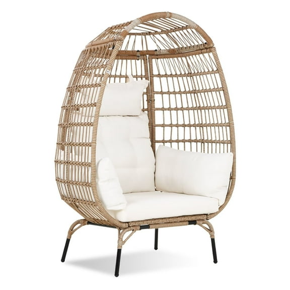 YRLLENSDAN Oval Patio Egg Chair Outdoor, Oversized Rattan Chairs with Cushions, Wicker Egg Chair Indoor with Armrests for Balconies, Courtyards and Gardens, White