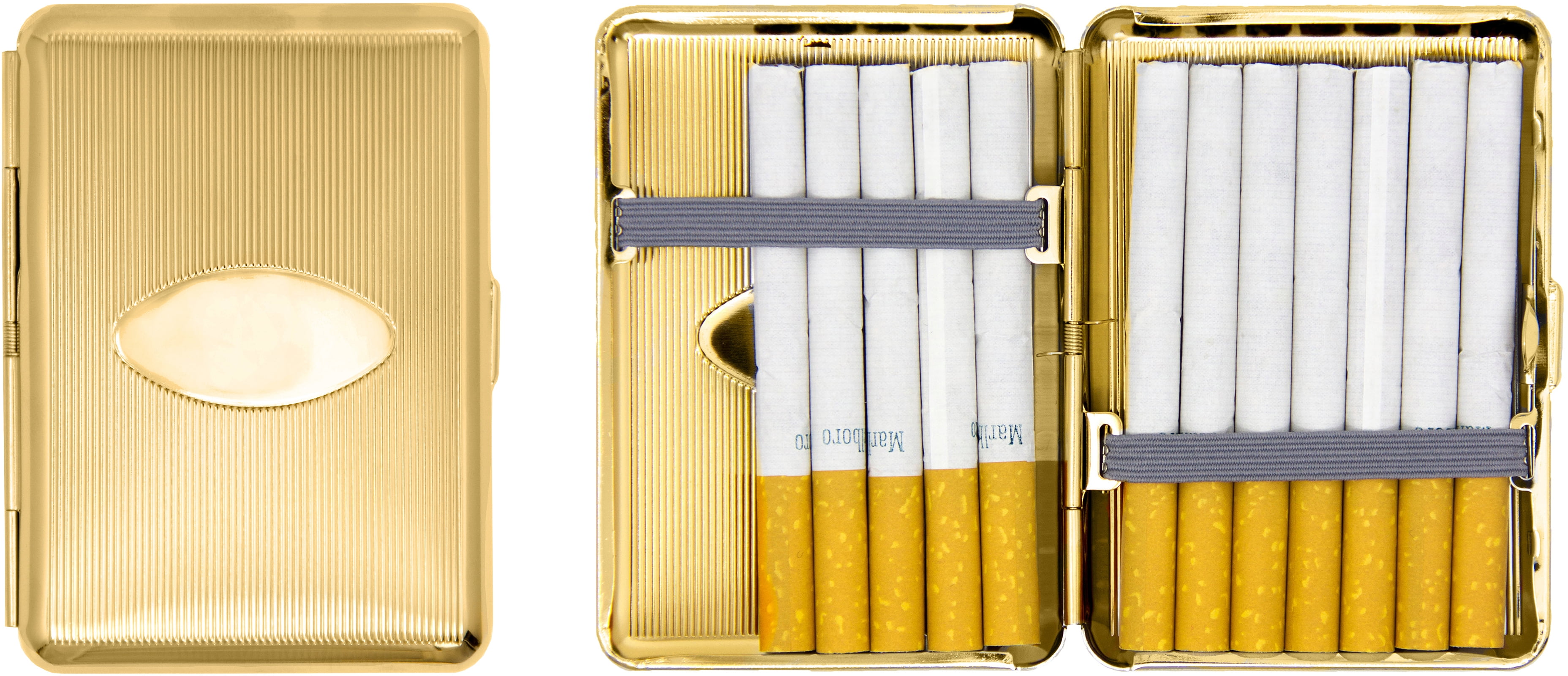 Set of 2 Compact Metal-Plated King Size Cigarette Case With Elastic Bands  (Gold Oval)