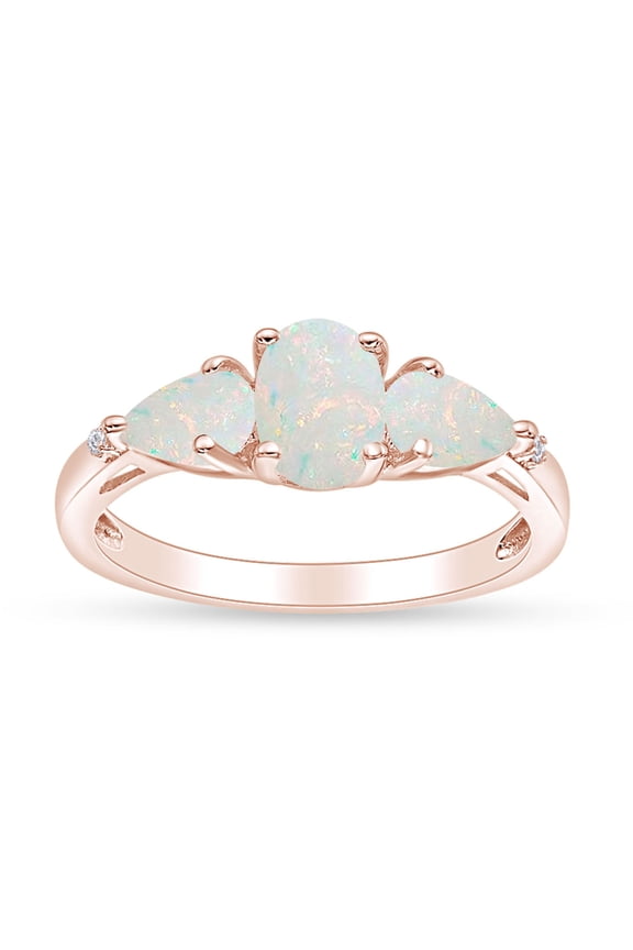 Oval, Pear Cut Lab Created Opal Gemstone & Natural Diamond Accent Three Stone Engagement Ring In 14k Rose Gold Over Sterling Silver