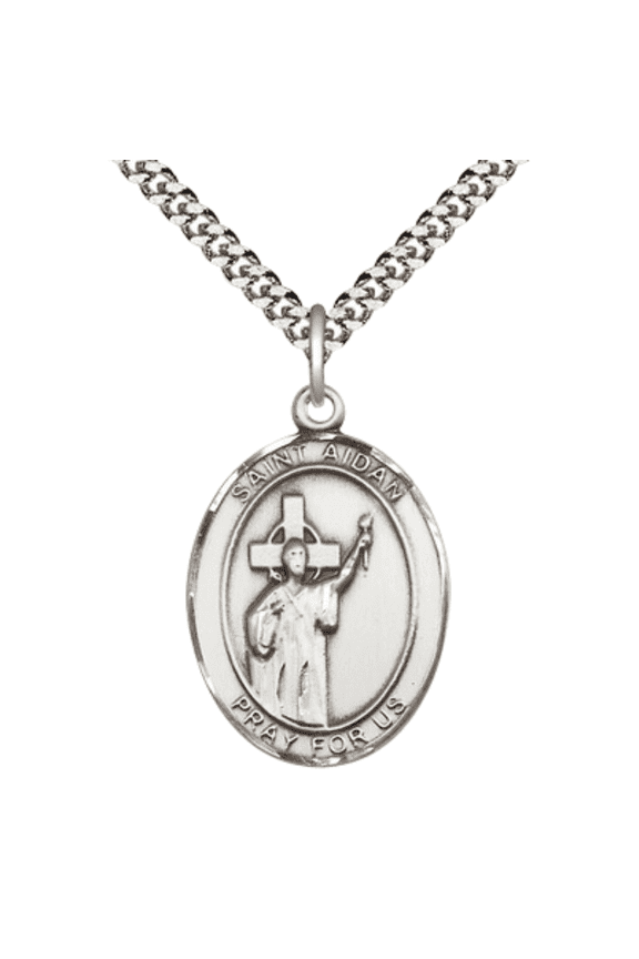 Oval Pewter Saint Aidan of Lindesfarne Medal Pendant on 24 inch Rhodium Plated Heavy Curb Brass Chain with Lobster Claw clasp, Catholic Religious Necklace -Made in USA- Deluxe Velvet Gift Box