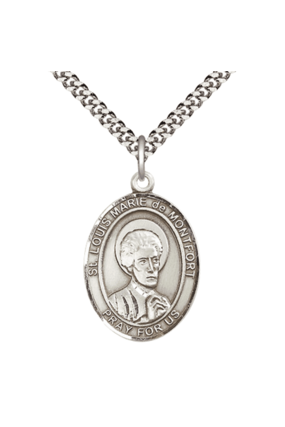Oval Pewter Saint Louis Marie de Montfort Medal Pendant on 24 inch Rhodium Plated Heavy Curb Brass Chain with Lobster Claw clasp, Catholic Religious Necklace -Made in USA- Deluxe Velvet Gift Box