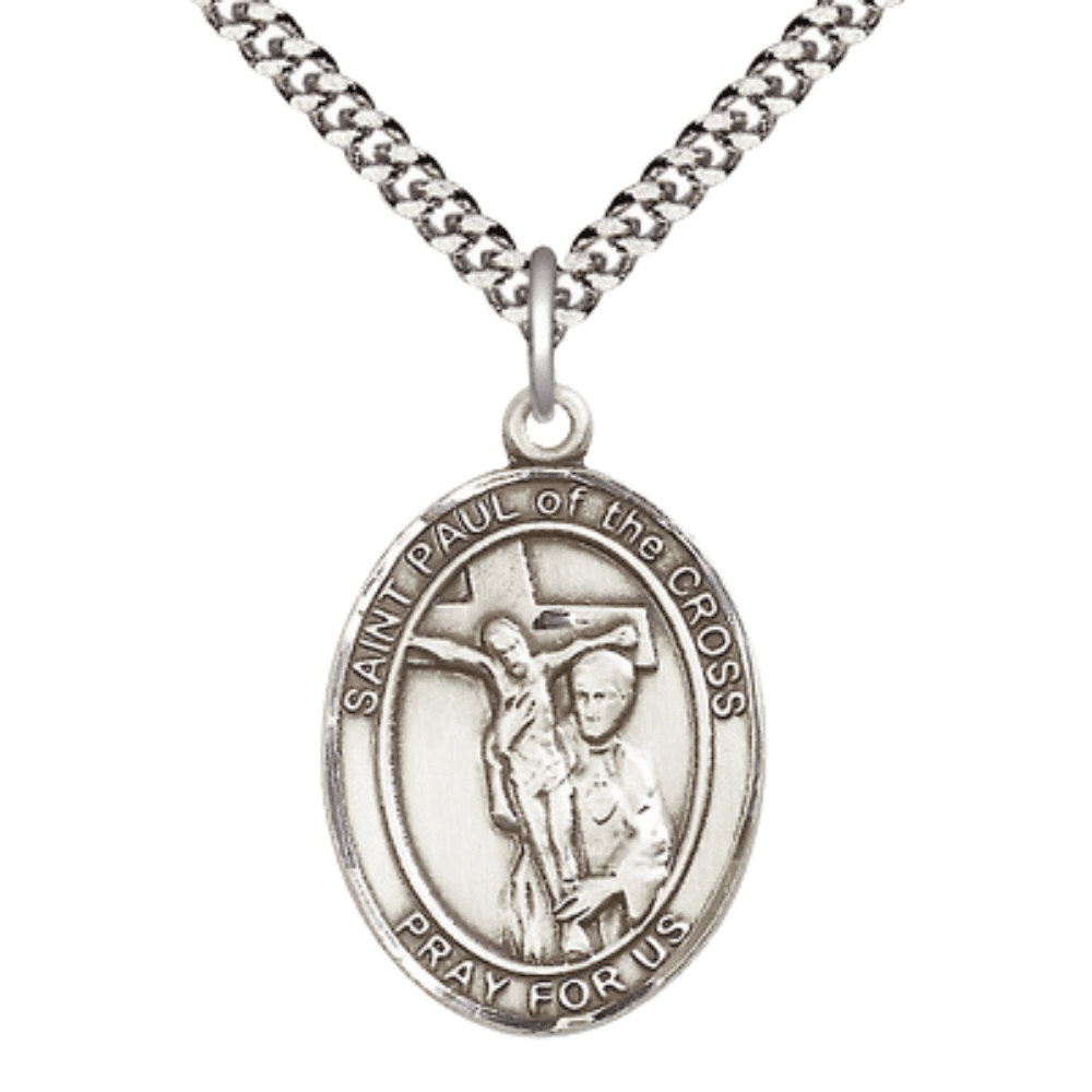 Oval Pewter Saint Paul of the Cross Medal Pendant on 24 inch Rhodium ...