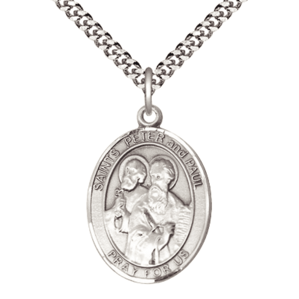 Oval Pewter Saint Peter Saint Paul Medal Pendant on 24 inch Rhodium ...