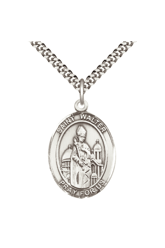 Oval Pewter Saint Walter of Pontnoise Medal Pendant on 24 inch Rhodium Plated Heavy Curb Brass Chain with Lobster Claw clasp, Catholic Religious Necklace -Made in USA- Deluxe Velvet Gift Box