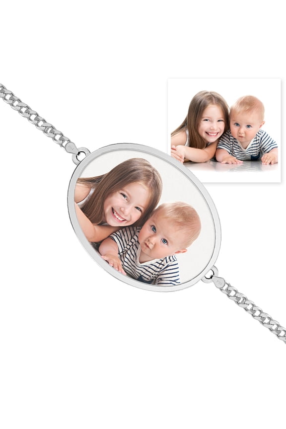 Oval Photo Engrave Bracelet W/ Curb Chain - Sterling Silver - 8 Inch