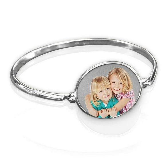 Oval Photo Engraved Bangle Bracelet - Sterling Silver - 7 Inch