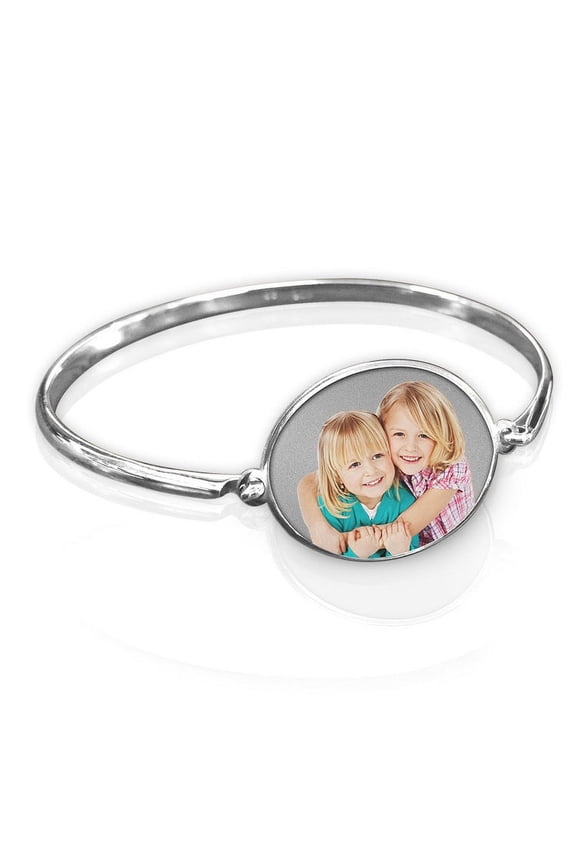 Oval Photo Engraved Bangle Bracelet - Sterling Silver - 8 Inch