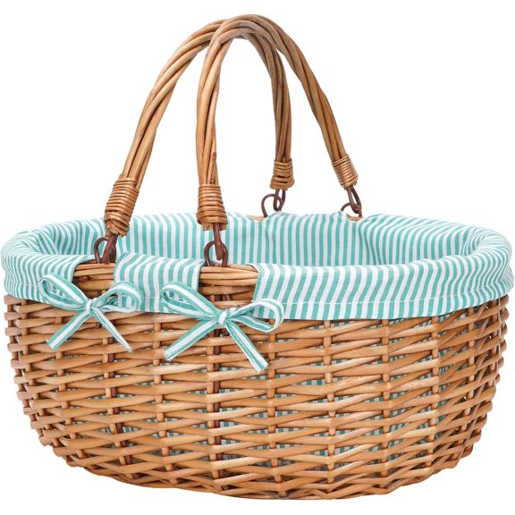 Oval Picnic Basket with Folding Handles, Willow Hand Woven Shopping Basket, Bath Storage Gift Packing Basket, Wicker Empty Easter Eggs and Candy Small Gift Basket.Green