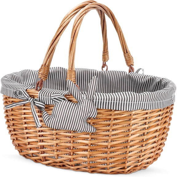 Oval Picnic Basket with Folding Handles, Willow Hand Woven Shopping Basket, Bath Storage Gift Packing Basket, Wicker Empty Easter Eggs and Candy Small Gift Basket. Grey