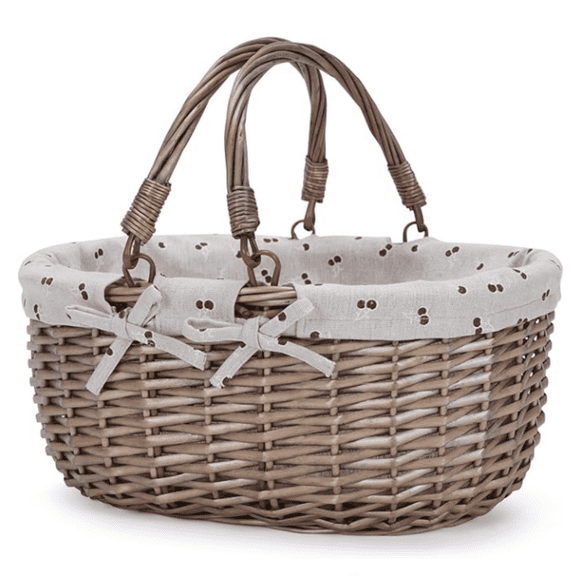 Oval Picnic Basket with Folding Handles, Willow Hand Woven Shopping Basket, Bath Toy Kids Toy Storage Gift Packing Basket, Wicker Empty Easter Eggs and Candy Small Gift Basket. Beige