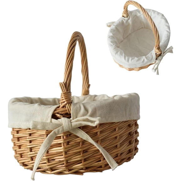 Oval Picnic Basket, Rattan Basket with Handle, Willow Hand Woven Shopping Basket, Bath Toy Kids Toy Storage Gift Packing Basket, Wicker Empty Easter Egg&Candy Small Gift Basket for Daily Use - 20cm
