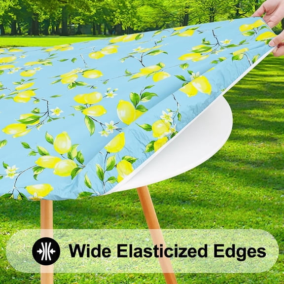 Oval Picnic Tablecloth, Waterproof Elastic Fitted Table Covers for 48" - 68" Tables, Wipeable Flannel Backed Vinyl Tablecloths for Camping, Indoor, Outdoor, Blue & Yellow