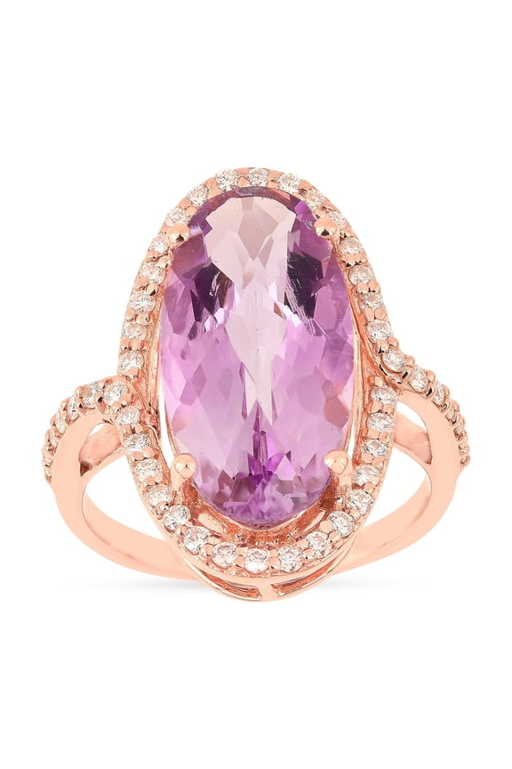 Natural Pink Amethyst Oval Rose Gold Over Silver Large Amethyst Statement Ring For Her- Pink Amethyst Oval Halo Ring for Women