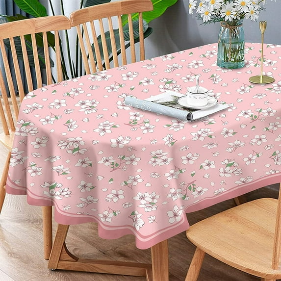 Oval Pink Cherry Blossoms Tablecloth, Cute Sakura Flower Table Cloth, Country Tablecover for Oval Tables 60 x 84, Perfect for Kitchen Dinner, Restaurant, Holiday Picnic Party Table Cover