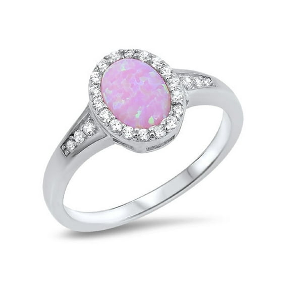 Oval Pink Simulated Opal Cubic Zirconia Mystere Ring Sterling Silver
