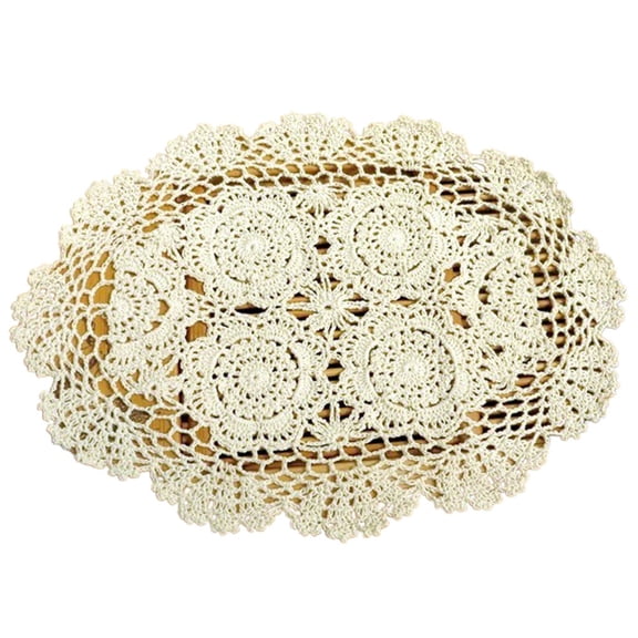 Oval Placemat Table Place Mat Vintage Hand Crochet Cotton Lace Doilies Floral, Beige