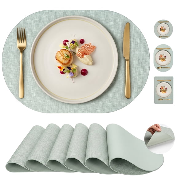 PROMATTOO Placemats Set of 6, Waterproof Heat Resistant Faux Leather Oval Table Mats,Sage Green