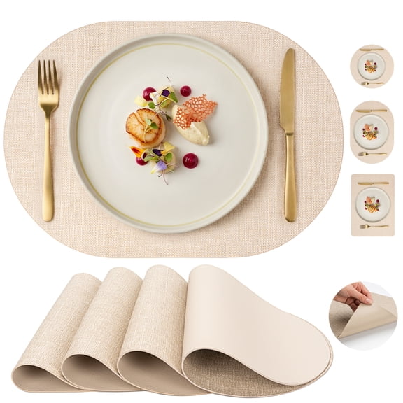 PROMATTOO Placemats Set of 6, Waterproof Heat Resistant Faux Leather Oval Table Mats,Ivory Beige