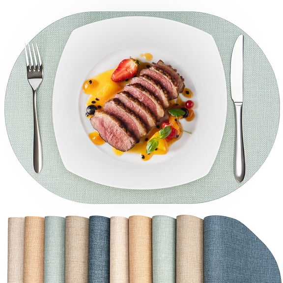 PROMATTOO Placemats Set of 6, Waterproof Heat Resistant Faux Leather Oval Table Mats,Sage Green