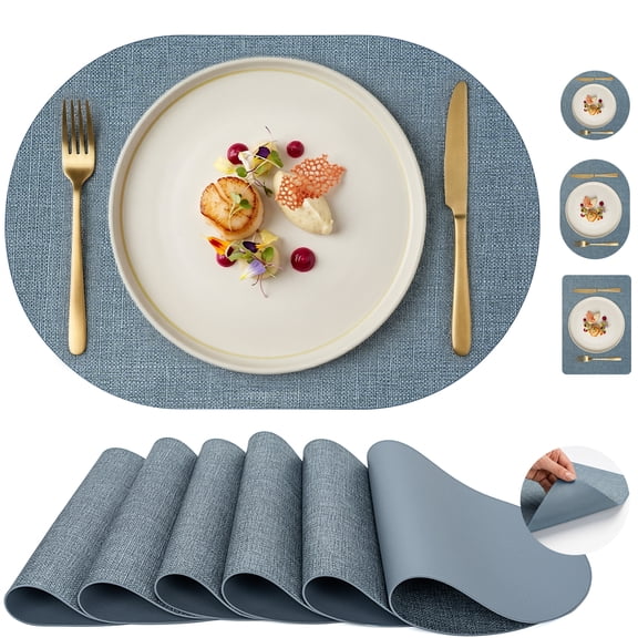 PROMATTOO Placemats Set of 6, Waterproof Heat Resistant Faux Leather Oval Table Mats,Charcoal Blue