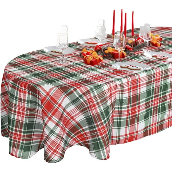Oval Plaid Christmas Tablecloth, Christmas Table Cloth Red Plaid Holiday Oval Tablecloth For Christmas Decor, Waterproof Wrinkle Free Red Plaid Christmas Tablecloth Oval For Oval Tables 60 X 102
