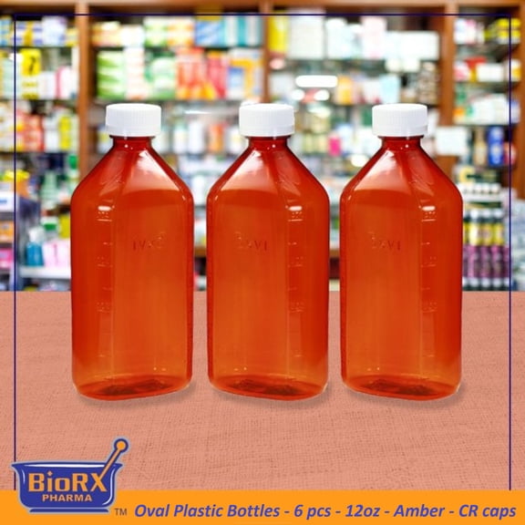 Oval Plastic Bottles - 6 pcs - 12oz - Amber - CR caps by Sponix BioRx Made in USA