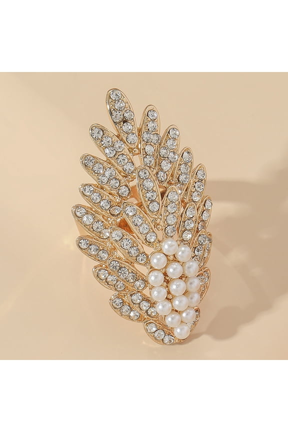 Oval Plastic Imitation Pearl & Rhinestones Finger Rings Alloy Adjustable Rings Light golden