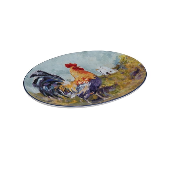 Oval Platter with Colorful Rooster Countryside Scene