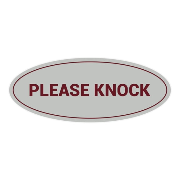 Oval Please Knock Sign (Light Grey / Burgundy) - Small 2x5"