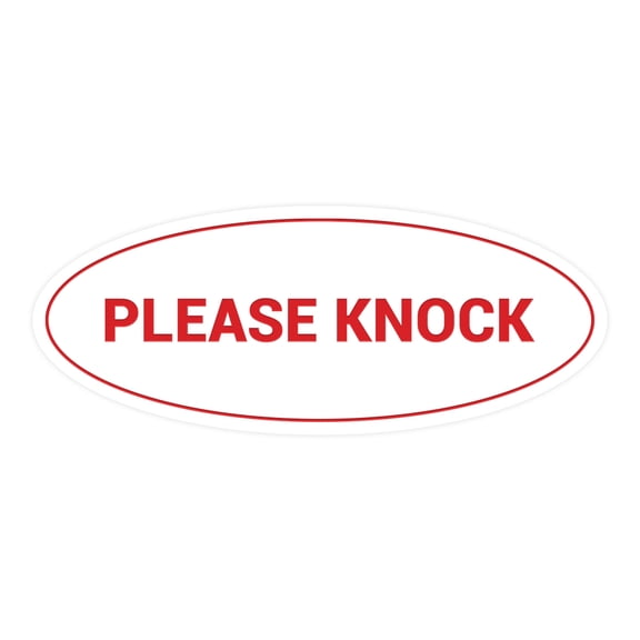 Oval Please Knock Sign (White/Red) - Medium 2.75x7"
