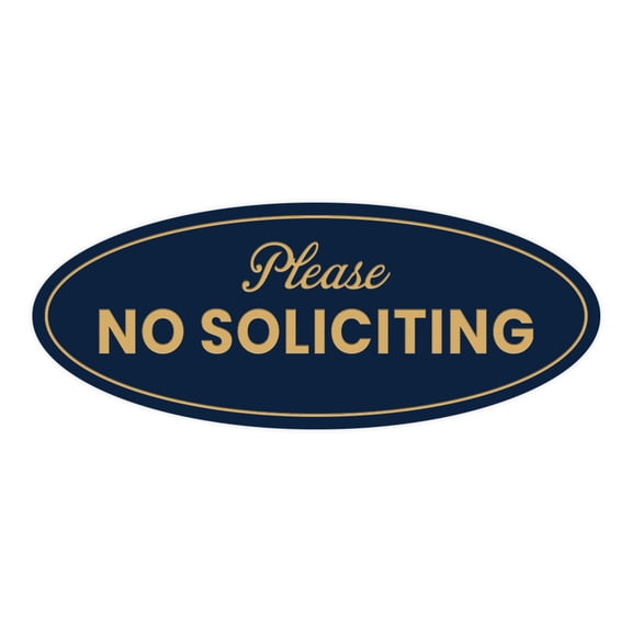 Oval Please No Soliciting Sign (Navy Blue/Gold) - Medium 2.75x7"