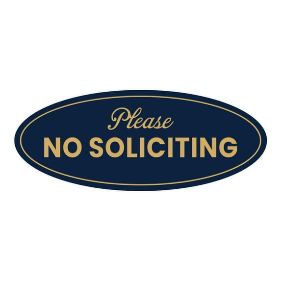 Oval Please No Soliciting Sign (Navy Blue/Gold) - Medium 2.75x7"
