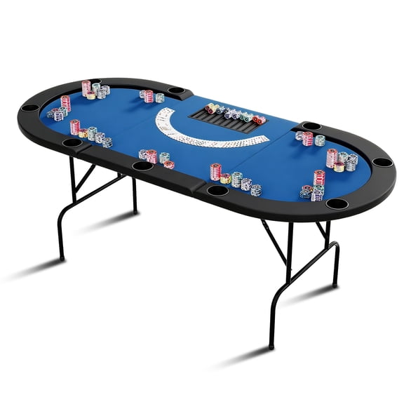 Oval Poker Table with 9 Cup Holders, Casino Leisure Table for 10 Players, Blackjack Gaming Table with Water-Resistant Cushioned Rail
