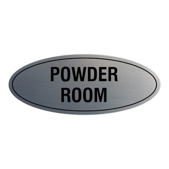 Oval Powder Room Sign (Brushed Silver) - Small 2x5"
