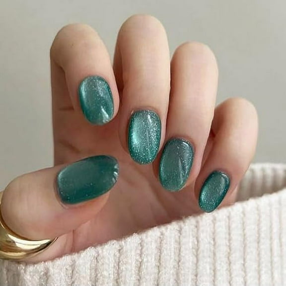 Oval Press on Nails Short Fake Nails Teal Cat Eye False Nails with Gradient Designs Glitter Press on Nails Glossy Acrylic Nails Reusable Stick on Nails Cute Press on Nails for Women and Girls A039 24