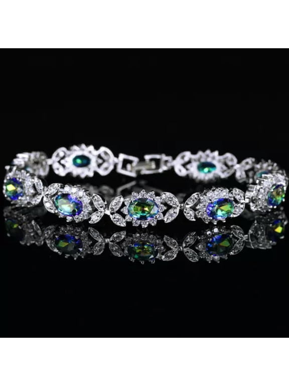 Oval Rainbow Fire CZ Crystal 925 Sterling Silver Bracelet For Women