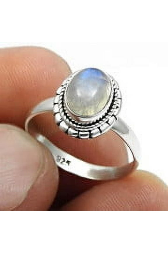 Oval Rainbow Moonstone Gemstone Statement Ring Solid 925 Sterling Silver Size 8